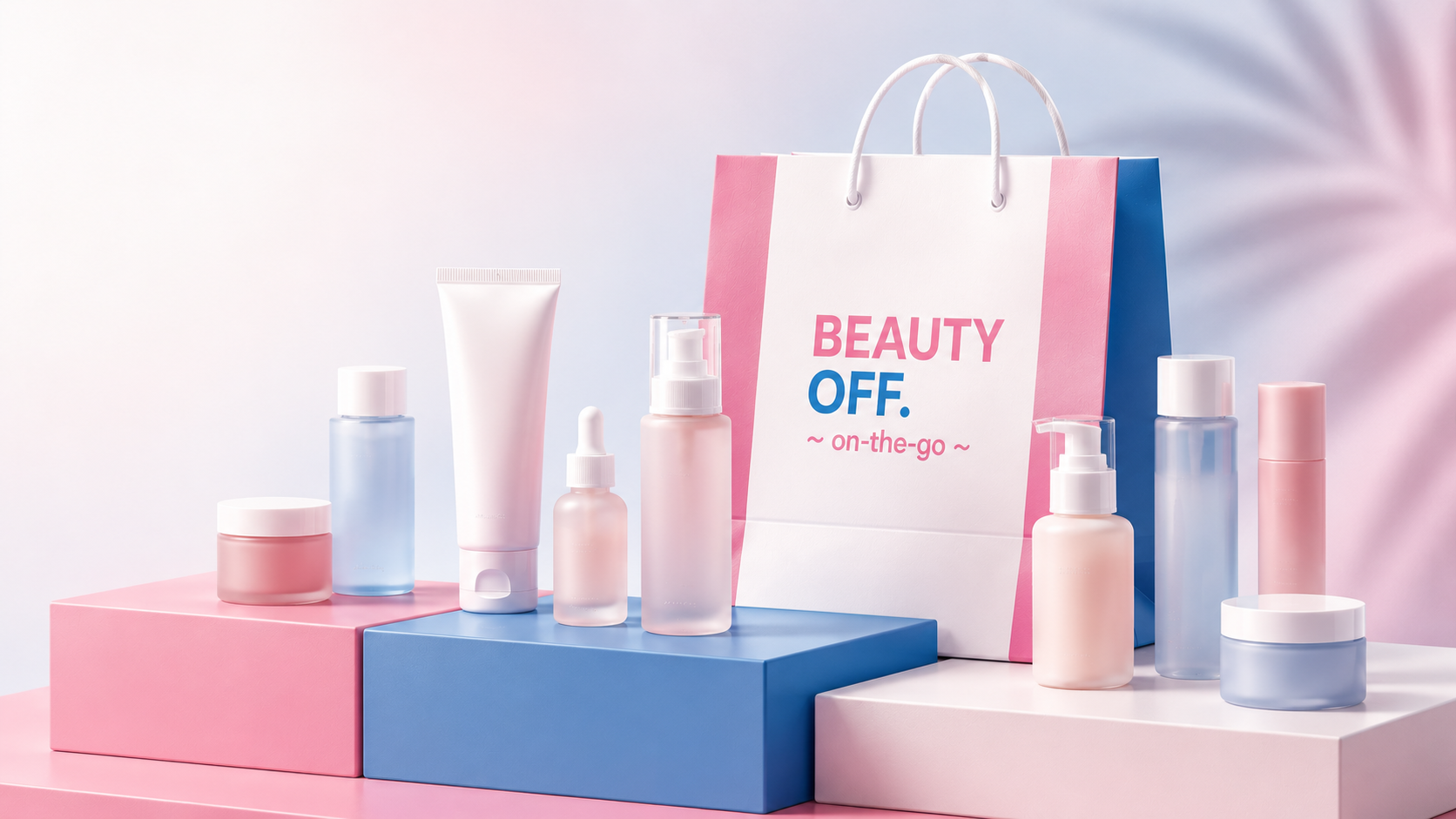 ผลิตภัณฑ์ความงามหลากหลายประเภทและถุง Beauty Off.